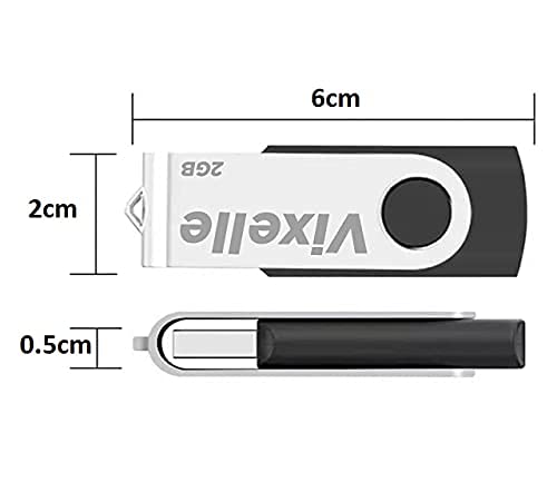 Vixelle 5 Pack 2GB High Speed USB 2.0 Flash Drives – 360° Swivel Metal Style USB Memory Sticks with Keychain Loop – 2GB USB Stick Pen Drive Bulk Pack for PC, Mac, TV, Car Audio – Black