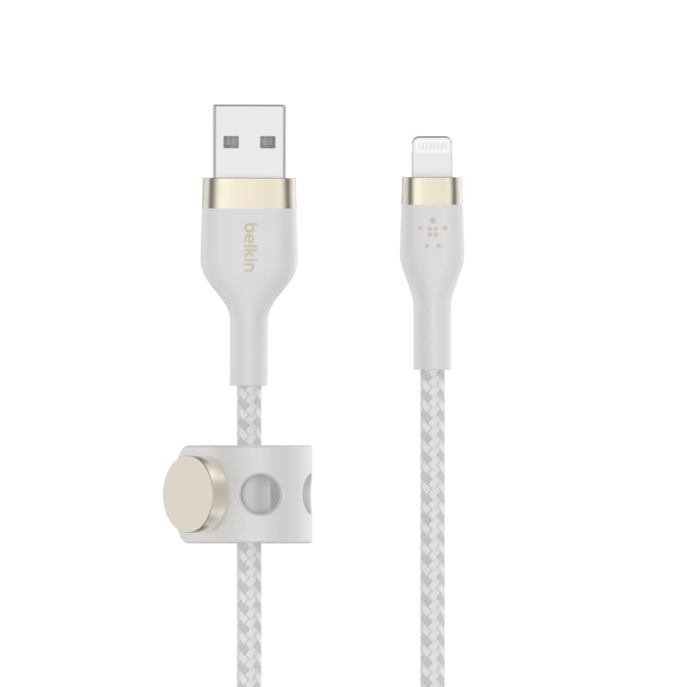 Belkin BoostCharge Pro Flex Braided USB Type A to Lightning Cable (2M/6.6FT), MFi Certified Charging Cable for iPhone 14/14 Plus, 13, 12, Pro, Max, Mini, SE, iPad and More - White 2M