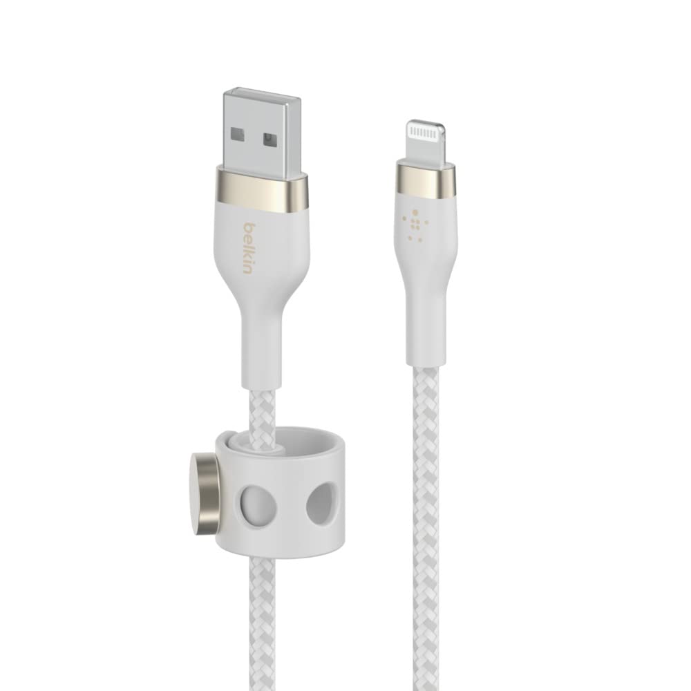 Belkin BoostCharge Pro Flex Braided USB Type A to Lightning Cable (2M/6.6FT), MFi Certified Charging Cable for iPhone 14/14 Plus, 13, 12, Pro, Max, Mini, SE, iPad and More - White 2M