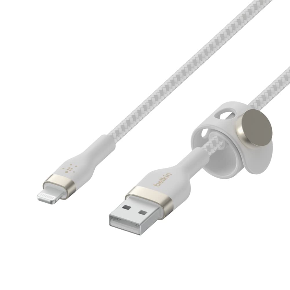 Belkin BoostCharge Pro Flex Braided USB Type A to Lightning Cable (2M/6.6FT), MFi Certified Charging Cable for iPhone 14/14 Plus, 13, 12, Pro, Max, Mini, SE, iPad and More - White 2M