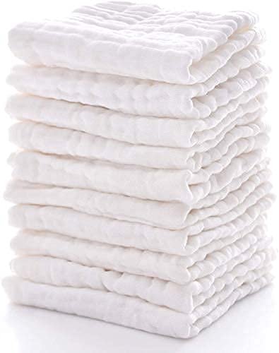 Baby Muslin Washcloths- Natural Muslin Cotton Baby Wipes - Soft Newborn Baby Face Towel for Sensitive Skin- Baby Registry as Shower Gift, 10 Pack 10x10 inches (White)