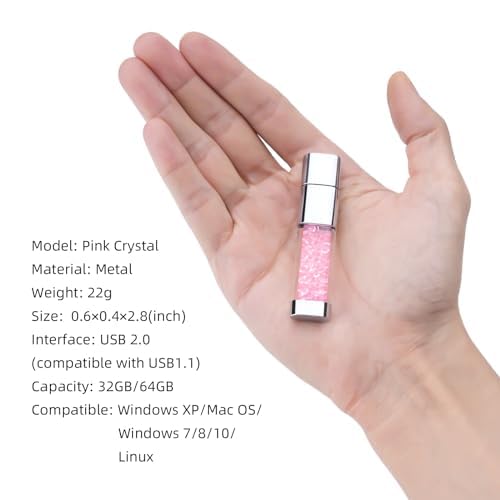 USB Flash Drive 64GB, BorlterClamp Cute Pink Crystal Memory Stick Novelty Pen Drive Thumb Drive