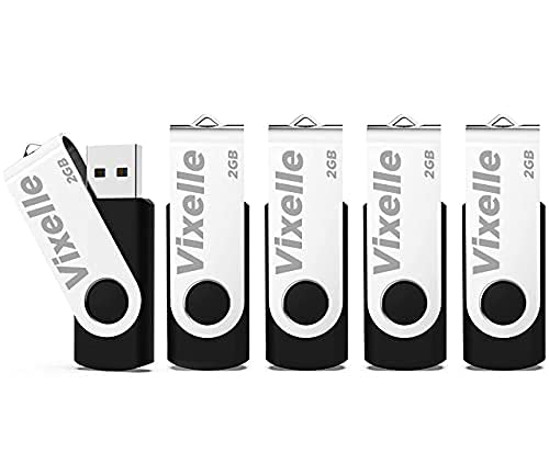 Vixelle 5 Pack 2GB High Speed USB 2.0 Flash Drives – 360° Swivel Metal Style USB Memory Sticks with Keychain Loop – 2GB USB Stick Pen Drive Bulk Pack for PC, Mac, TV, Car Audio – Black