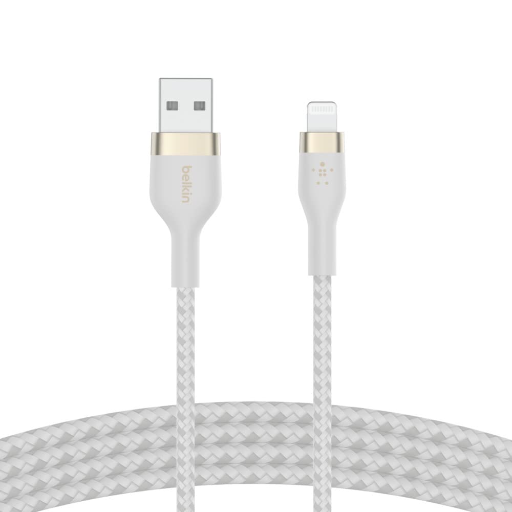 Belkin BoostCharge Pro Flex Braided USB Type A to Lightning Cable (2M/6.6FT), MFi Certified Charging Cable for iPhone 14/14 Plus, 13, 12, Pro, Max, Mini, SE, iPad and More - White 2M