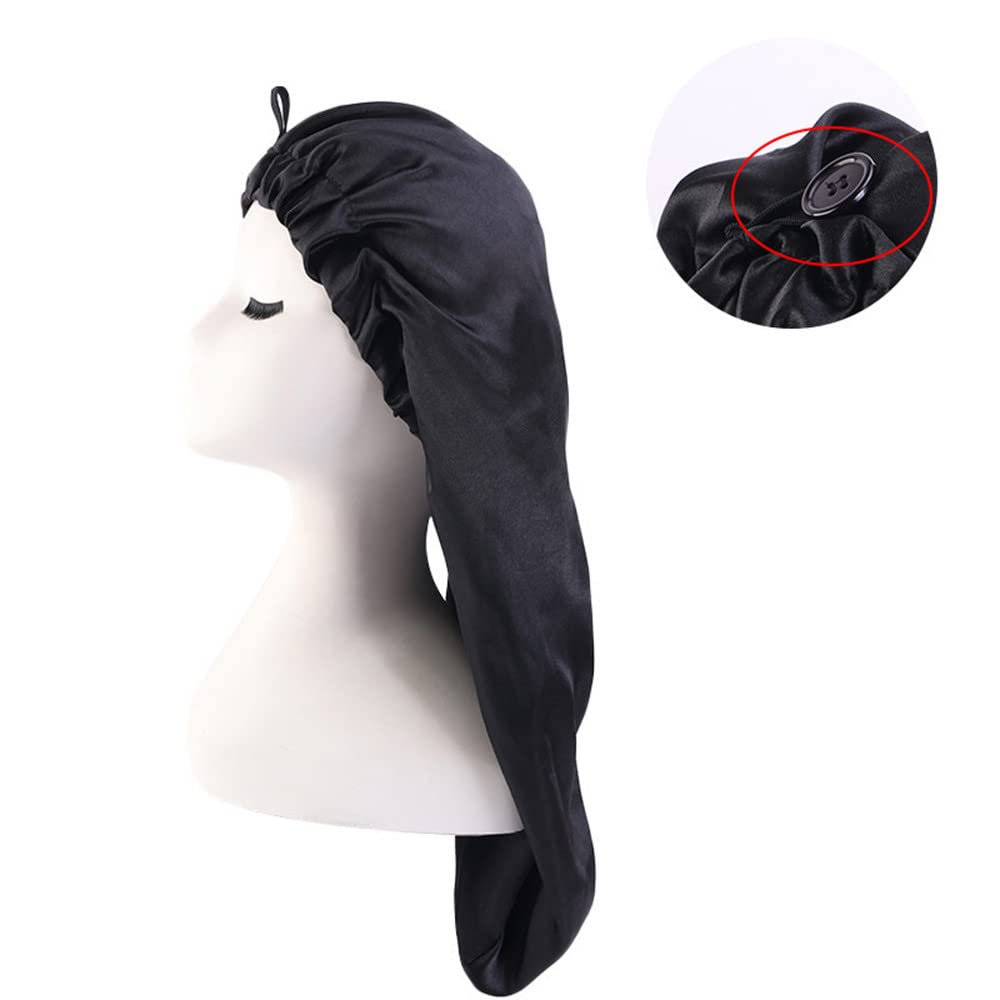 2 Pack Long Satin Hair Bonnet for Women Girls Silky Cap for Sleeping Large Satin Sleep Cap for Long Curly Hair Protection Black+red