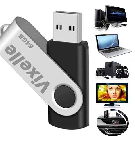 Vixelle 4 Pack 64GB High Speed USB 2.0 Flash Drives – 360° Swivel Metal Style USB Stick Pen Drive with Keychain Loop – 64GB USB Memory Sticks Bulk Pack for PC, Mac, TV, Car Audio – Black 4 Pack Black