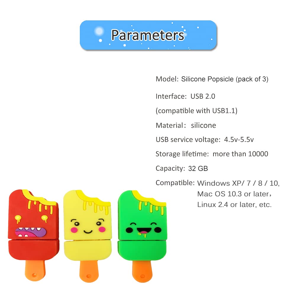 USB Flash Drive Pack of 3 Pcs (32GB x 3), BorlterClamp Cute Popsicle-Shaped Memory Stick Novelty USB Drive Pendrive 32GB x 3 Popsicle-shaped