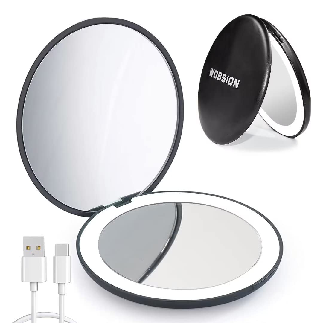 wobsion Rechargeable Compact Mirror,1x/10x Magnification Compact Mirror with Light,Dimmable Led Travel Makeup Mirror,Portable Mirror for Handbag,Purse,Handheld 2-Sided Mirror,Gifts for Girls,Black Rechargeable-black