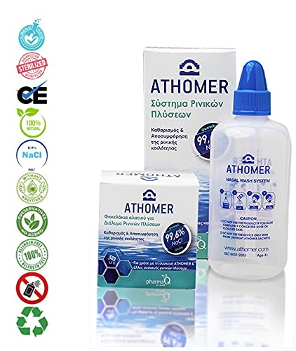 Athomer Nasal Wash - Sinus Rinse Kit - 250ml with 10 Packets of Sea Water Salt - Cleans and Decongests The Nasal Cavity - Moisturizing Nasal Sprayer for Adult and Kid (250ml)