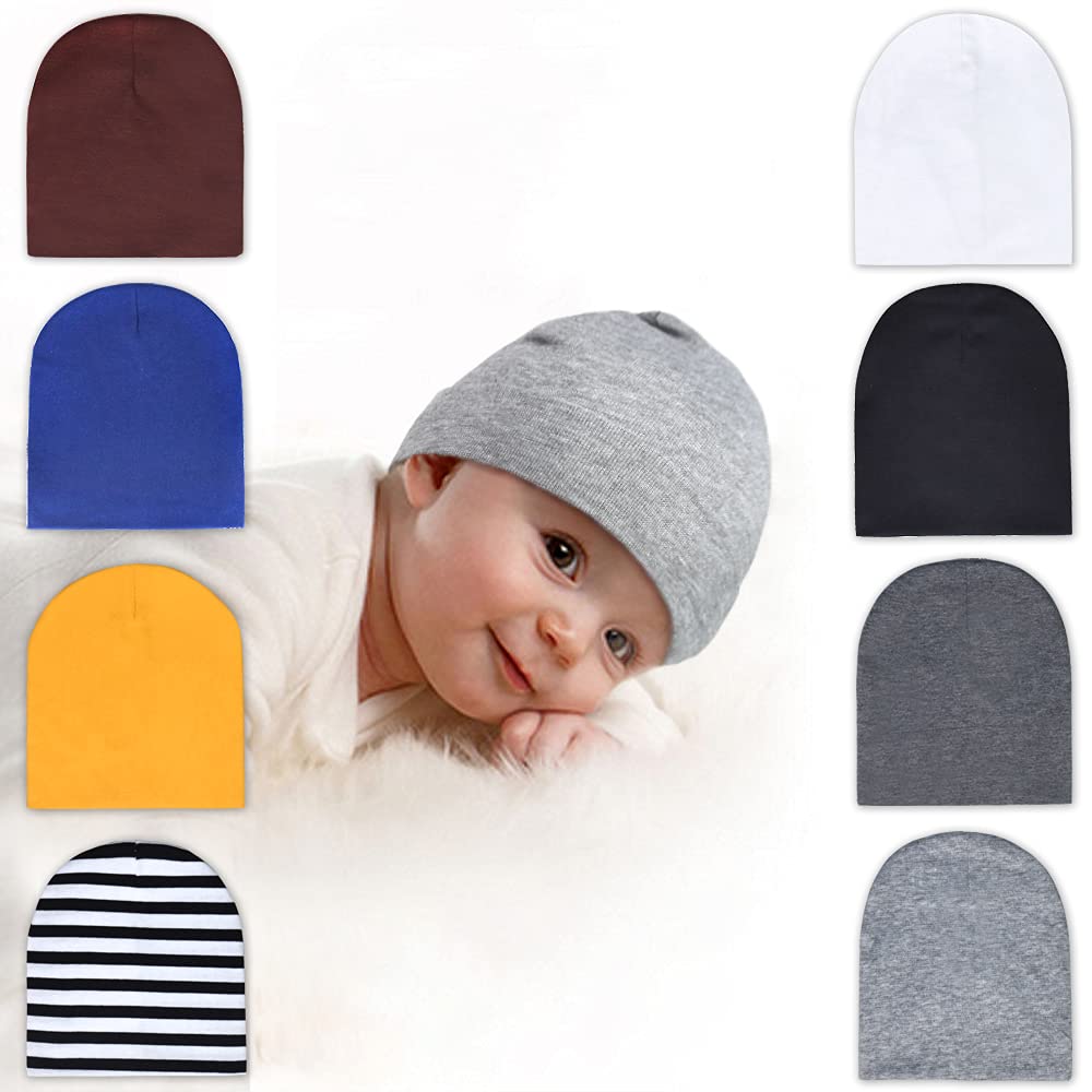 TRAMLE Baby Boys Beanie Hat Aged 0-3,8 Pack Soft Cute Knit Cap Soft Double Layered Hats 0-6 Months 8 Pack