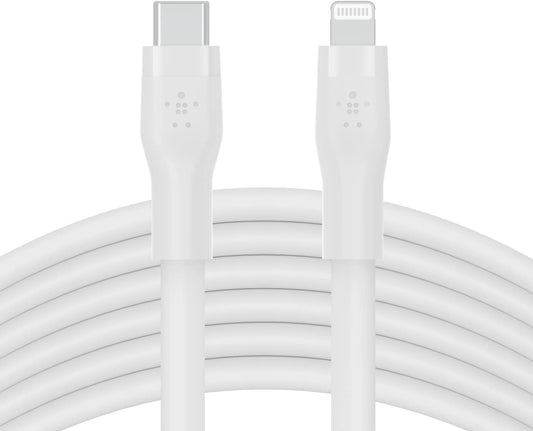 Belkin BoostCharge Flex Silicone USB Type C to Lightning Cable (3M/10ft), MFi Certified 20W Fast Charging PD Power Delivery for iPhone 14/14 Plus, 13, 12, Pro, Max, Mini, SE, iPad and More - White 3M