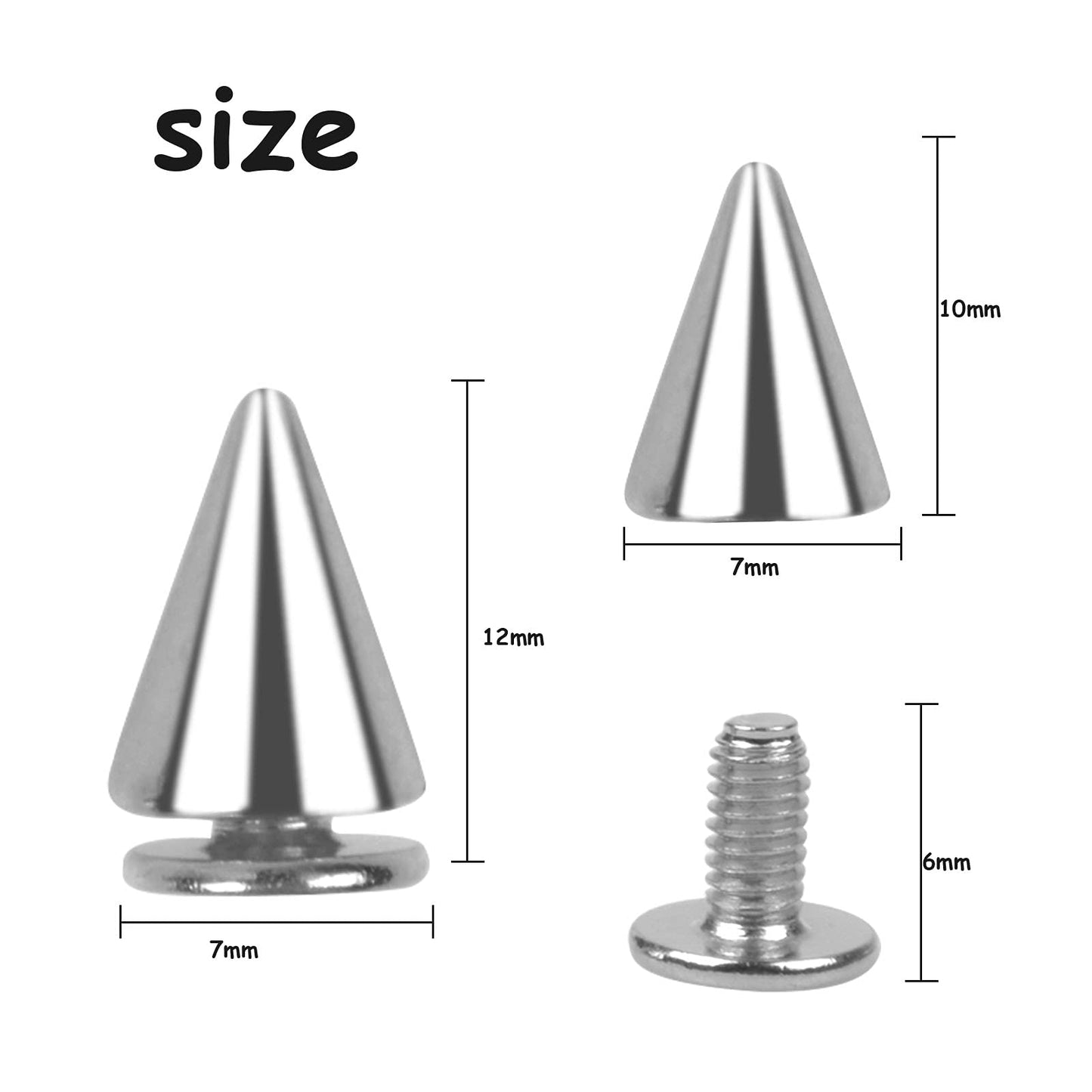 100 Pcs 7x10 mm Cone Spikes Studs Rivets Metal Bullet Cone Spikes with Screwbacks Punk Leather Rivets Metallic Cool Craft Clothes Rivets for DIY Leather Craft Collar Belt Bag Shoe Decoration, Silver