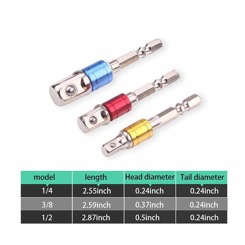 BDHI 1/4" 3/8" 1/2" Hex Shank Socket Adapter Extended Impact Electric Drill Bit Tool(D01-3)