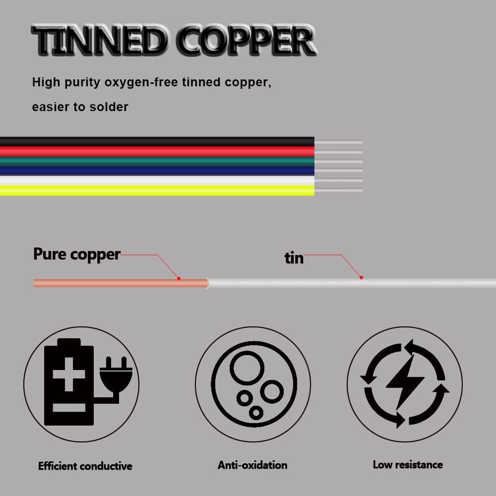 AOTOINK 10m/33ft RGBCCT LED Electrical Wire 6x0,32mm² 22 Gauge 6Pin 12V DC RGBWW Extension Cable 6 Core 22AWG Wires for RGBCCT 3528 5050 Led Strip 6 pin wire