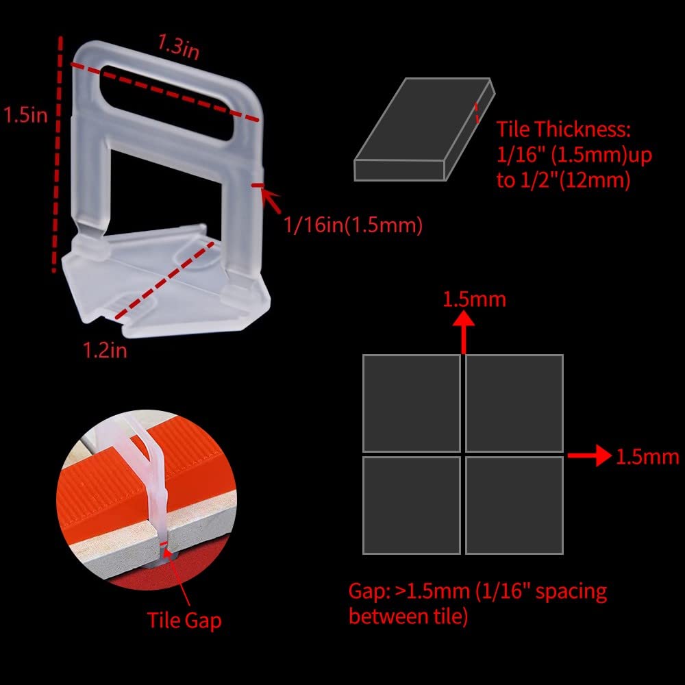 500pcs Tile Leveling System Clips, 1.5mm Leveling System Tiles Leveler Spacers Tile Spacers Clips(500pcs 1.5mm) 1.5mm(1/16in)