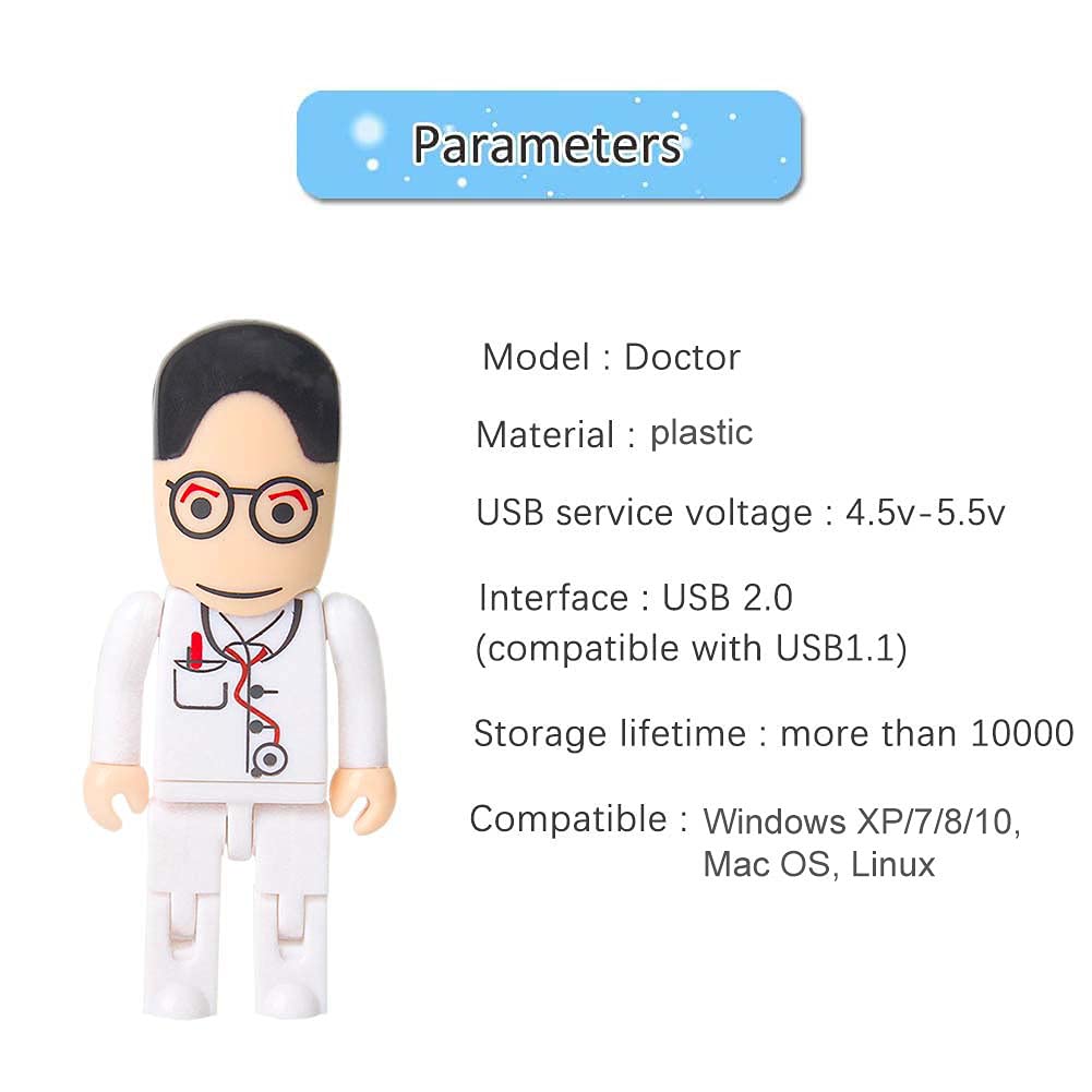 USB Flash Drive 64GB Cartoon Doctor Model USB Drives USB 2.0 Memory Stick Thumb Drive for External Data Storage, White 64GB white doctor model