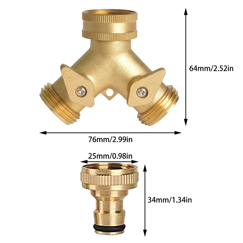 2 Way Tap Connector, Solid Brass Double Hose Connector for Outdoor Tap 2 Way Garden Hose Splitter Brass Manifold with 2 x 3/4 Inch Brass Water Tap Connection for Garden Irrigation