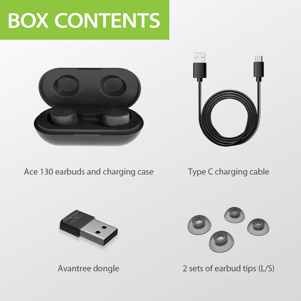 Avantree Ace 130T - Wireless Earbuds & USB Adapter for PC Laptop Computer with Passive Noise Isolation, Noise Canceling Microphone, and Bluetooth 5.2 for Connecting to Phones