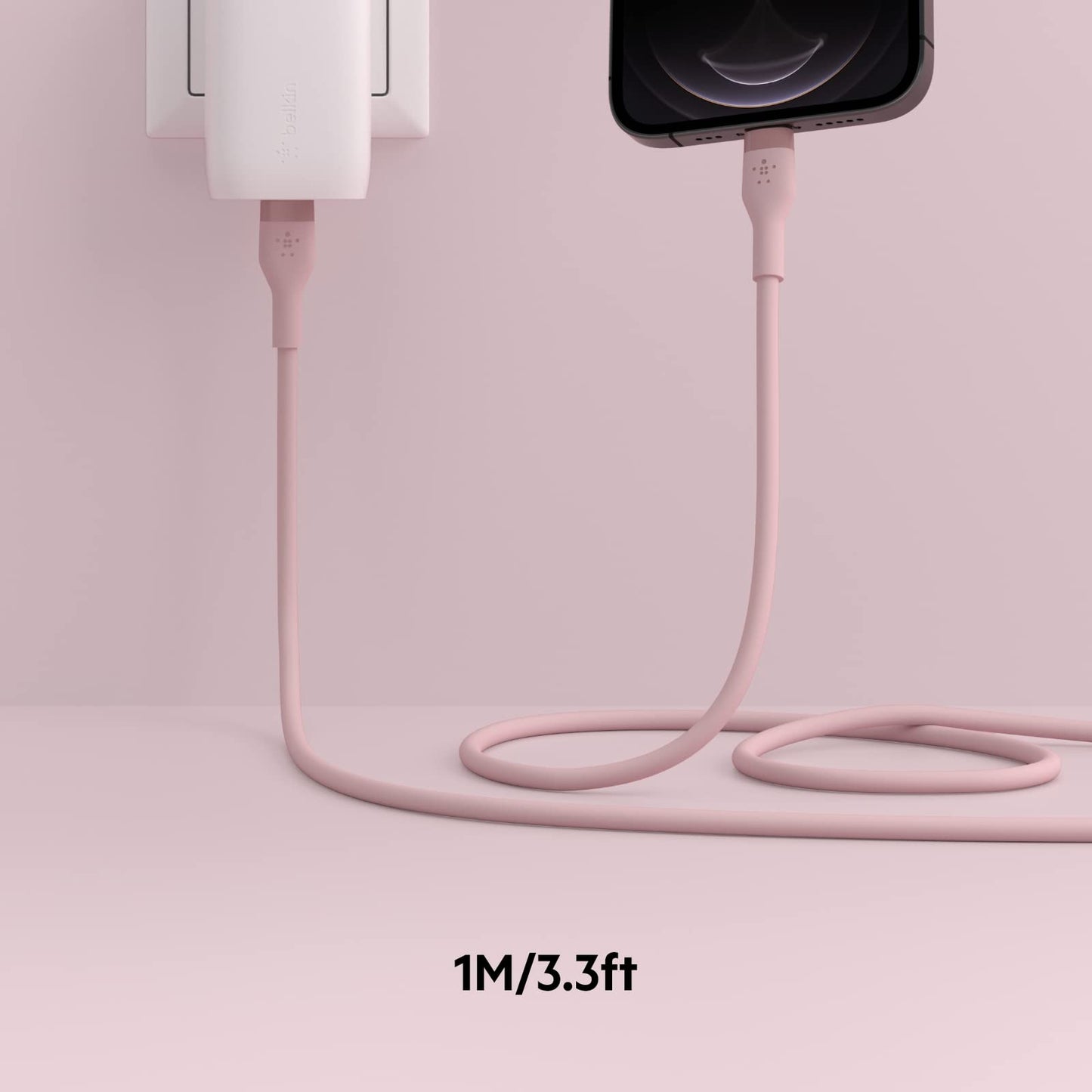 Belkin BoostCharge Flex Silicone USB Type C to Lightning Cable (1M/3.3FT), MFi Certified 20W Fast Charging PD Power Delivery for iPhone 14/14 Plus, 13, 12, Pro, Max, Mini, SE, iPad and More - Pink 1M