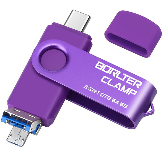 64GB USB 3.0 Flash Drive 3 in 1 Photo Stick for Android Phones, BORLTER CLAMP OTG Memory Stick with 3 USB Ports (USB C, microUSB, USB-A) for Samsung Galaxy, Tablet, PC and More (Purple) 64GB Purple