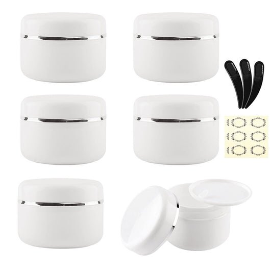 Alledomain 6Pcs 100ml/100g White Cosmetic Sample Jars with 3 Spatula & 6 Label, Plastic Refillable Travel Pot Containers with Silver Dome Lids & Inner Liners for Makeup Cream Beauty Nails 100g/100ml