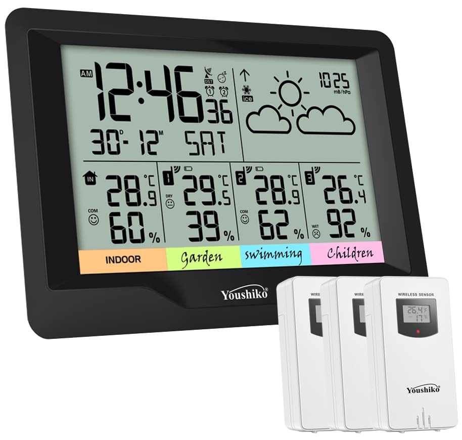 Youshiko (Official 2025 UK Version), 3 x Wireless Sensors Weather Station, Radio Controlled Clock Temperature Thermometer Humidity, Barometric Pressure Large / Console Size: 15.8 x 11.2 cm