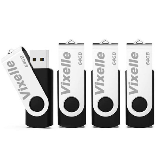 Vixelle 4 Pack 64GB High Speed USB 2.0 Flash Drives – 360° Swivel Metal Style USB Stick Pen Drive with Keychain Loop – 64GB USB Memory Sticks Bulk Pack for PC, Mac, TV, Car Audio – Black 4 Pack Black