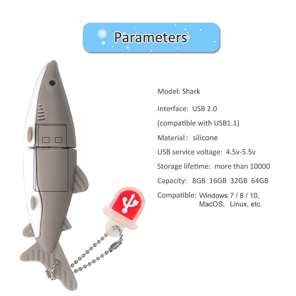 USB Flash Drive 32GB Cute Grey Shark Shaped USB Drive USB 2.0 Memory Stick Thumb Drives for External Data Storage 32GB grey shark model