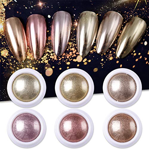 6 Box Rose Gold Chrome Nail Powder, Nail Powder Metallic Chrome Powder, Glitter Nail Powder with 6Pcs Eyeshadow Sticks, for Nail Art Decoration DIY Art Nail Salon