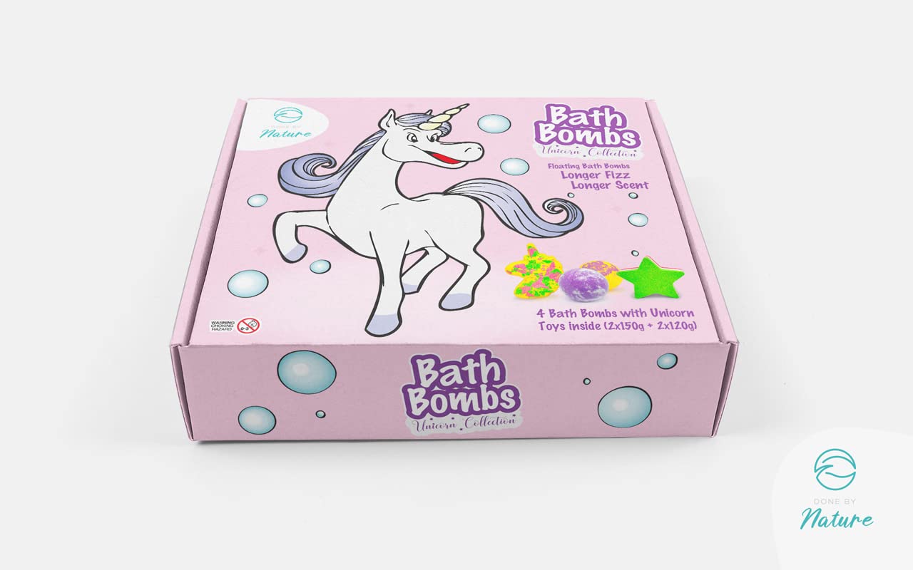 Unicorn Bath Bombs 4 Pack with Surprise Unicorn Toy, Ring, Bracelet or Necklace ! Organic, Natural Vegan spa Bath Bomb kit. 100% Child Safe with Natural Oils and moisturisers.