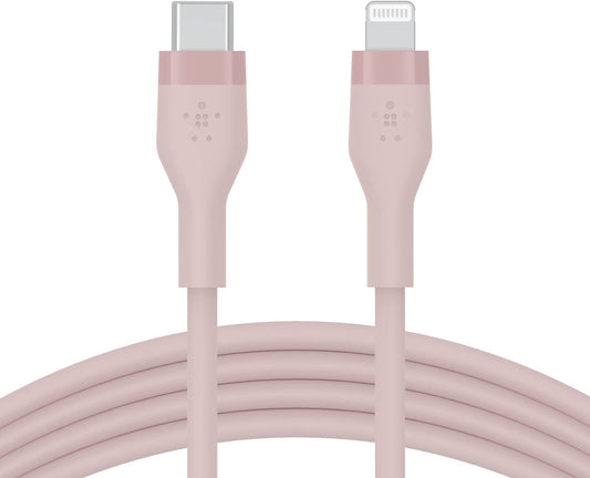 Belkin BoostCharge Flex Silicone USB Type C to Lightning Cable (1M/3.3FT), MFi Certified 20W Fast Charging PD Power Delivery for iPhone 14/14 Plus, 13, 12, Pro, Max, Mini, SE, iPad and More - Pink 1M