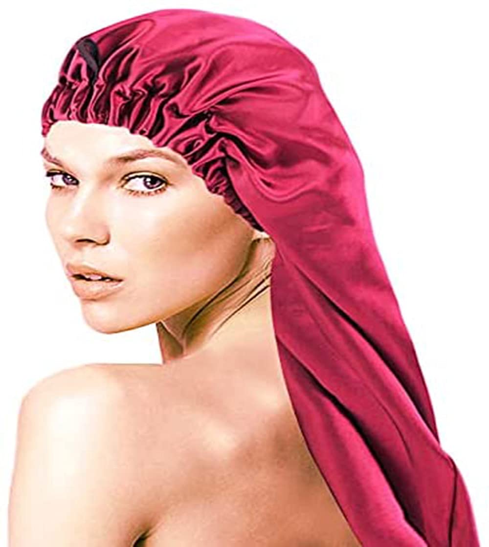 2 Pack Long Satin Hair Bonnet for Women Girls Silky Cap for Sleeping Large Satin Sleep Cap for Long Curly Hair Protection Black+red