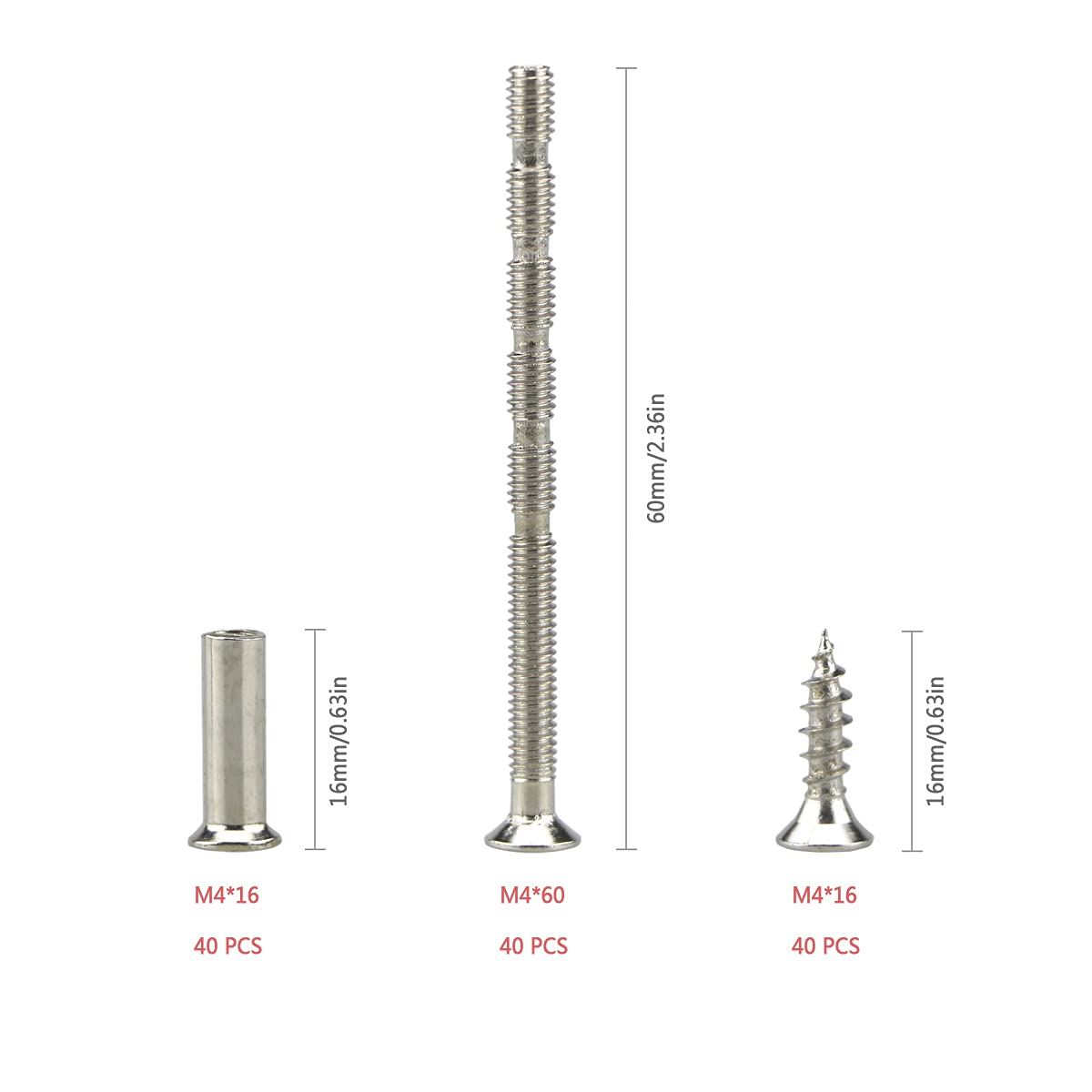 120 Pcs Door Handle Fixing Screws(40 Sets), M4 Connecting Bolts And Sleeves, Adjustable Bolt Length,Used To Fastener and Fixing Furniture,Door Handles,Keyholes,Cabinets,Drawers(60mm)