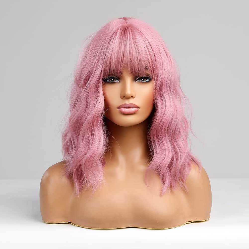 VAIRETY Short Wave Pink Wigs With Bangs, 14 inch Bob Purple Wig with Air Bangs, Curly Fringe Heat Resistant Synthetic Wig, Shoulder Length Wig For Girl Wigs for Christmas Purple Pink