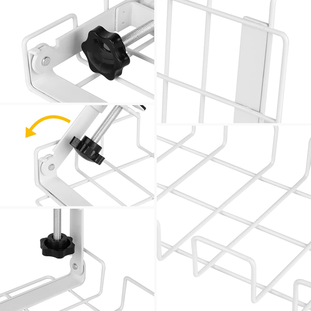 Baskiss 2 Packs Cable Management Tray, 40 cm Under Desk Cord Organizer with Clamp Mount for Wire Management, Foldable Handle Metal Holder for Desks, Offices, Kitchens, No Need to Drill Holes (White) White