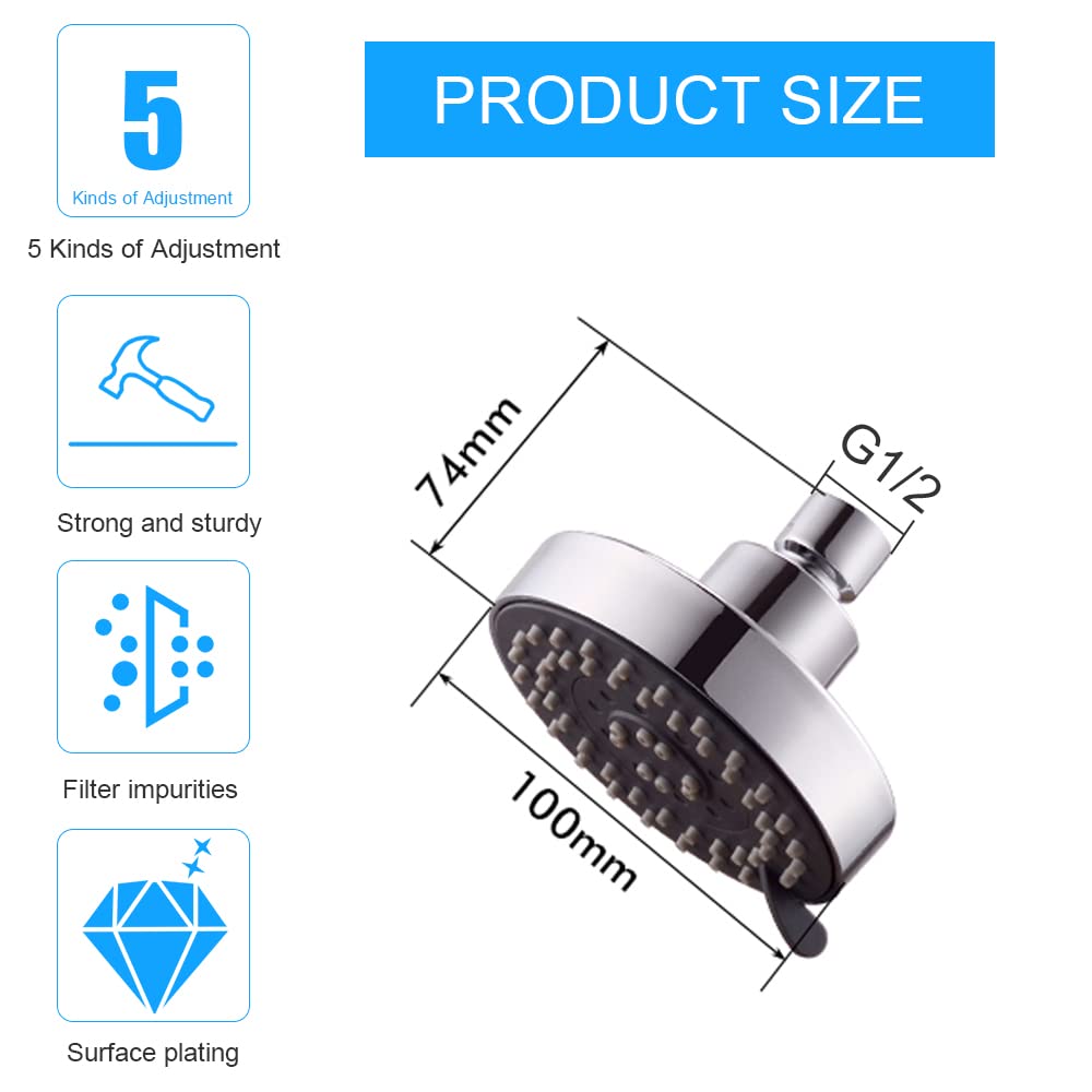 WANTOUTH 4-Inch High Pressure Rainfall Shower Head, 5 Spray Settings, Adjustable 360° Rotation, Anti-Rust ABS Material, Easy Installation with G1/2 Thread for Home, Hotel, and Bathroom