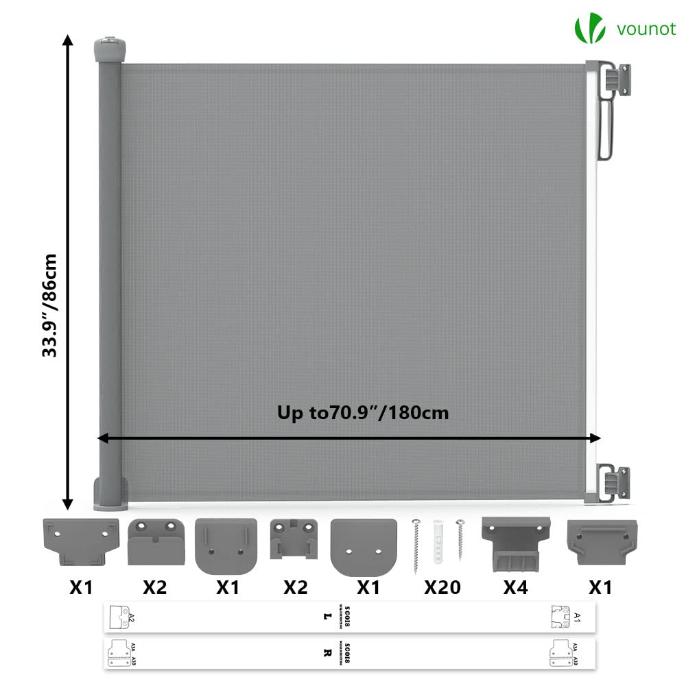 VOUNOT Retractable Stair Gate for Baby, Mesh Dog Gat, Extend Up to 180cm Wide, One-Hand Operation Safety Fabric Door Gate for Indoor, Outdoor, Doorways, Bottom of Stairs and Hallways, Grey