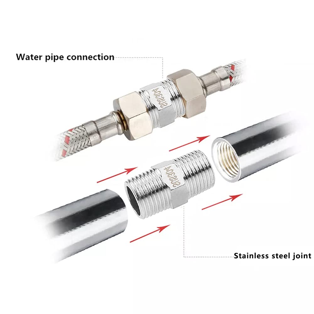 YPLonon 1/2 '' Thread Pipe Shower Hose Connector 4 Pack Male to Male Screwed Nipple BSP Threaded Fittings for Kitchen Bathroom Garden Extra Long Hose Extension - Silver