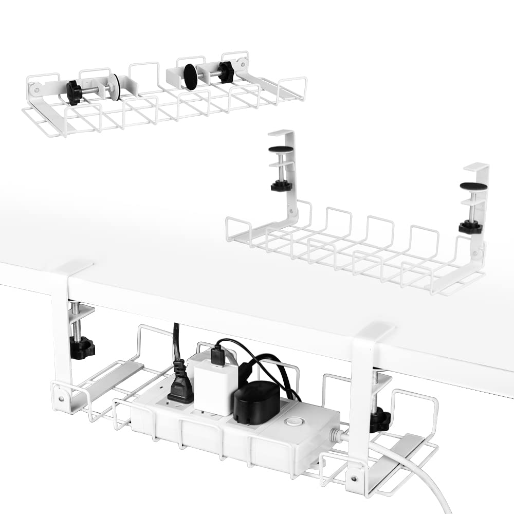 Baskiss 2 Packs Cable Management Tray, 40 cm Under Desk Cord Organizer with Clamp Mount for Wire Management, Foldable Handle Metal Holder for Desks, Offices, Kitchens, No Need to Drill Holes (White) White