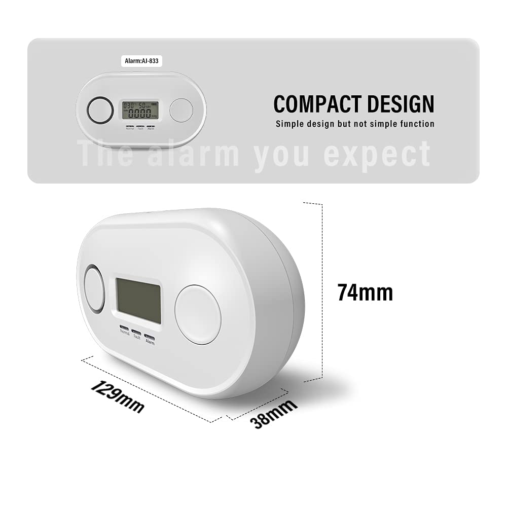 ANKA Carbon Monoxide Alarm Detector(10 year battery) with CO Concentration LED Digital Display, Test/Silence Button,Conforms to EN 50291 Standards,AJ-833 1PCS