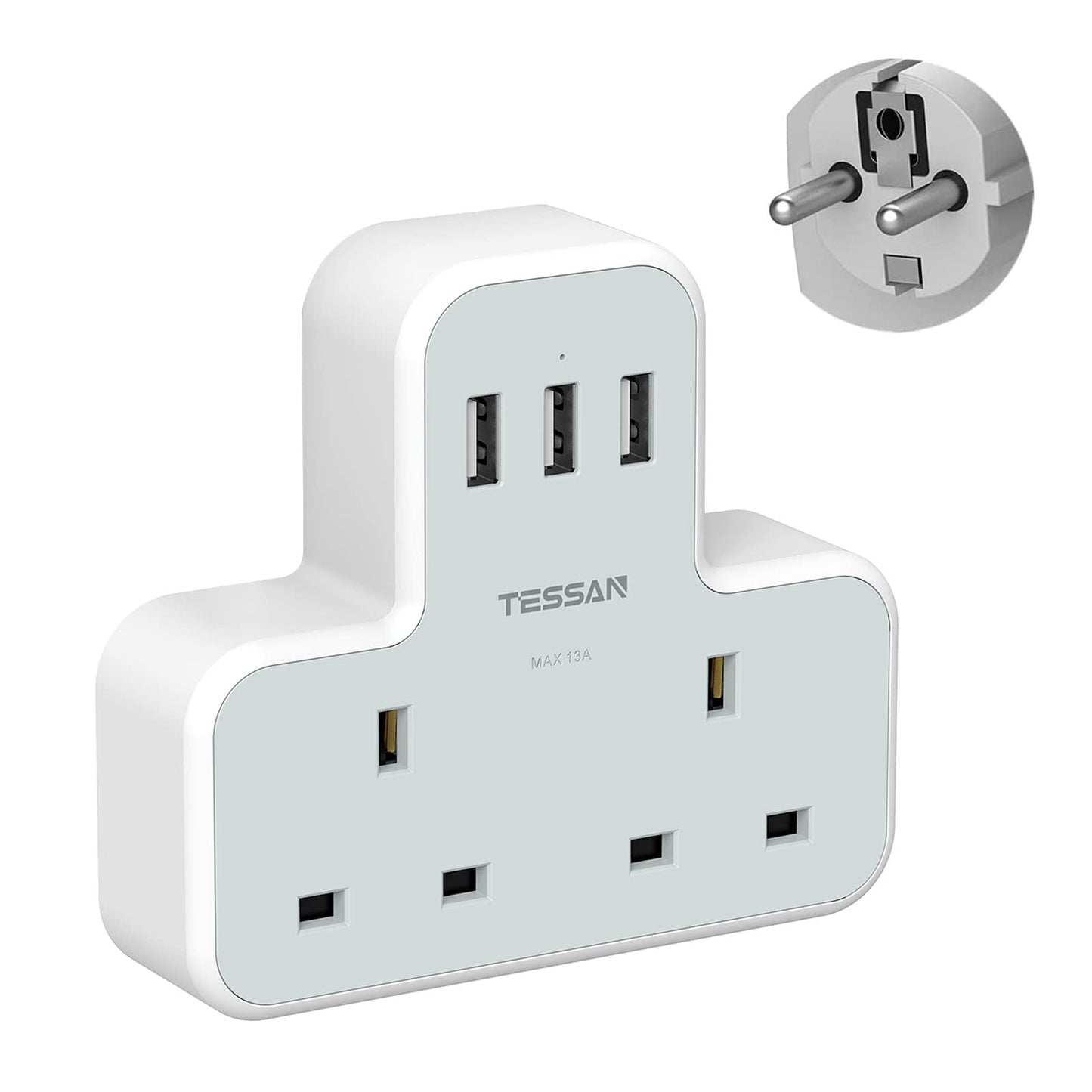 UK to European Plug Adapter, TESSAN Grounded Schuko European Plug Travel Adapter with 3 USB, UK to EU Euro Europe for Spain France Iceland Germany Greece Poland Type E F Adaptor 1