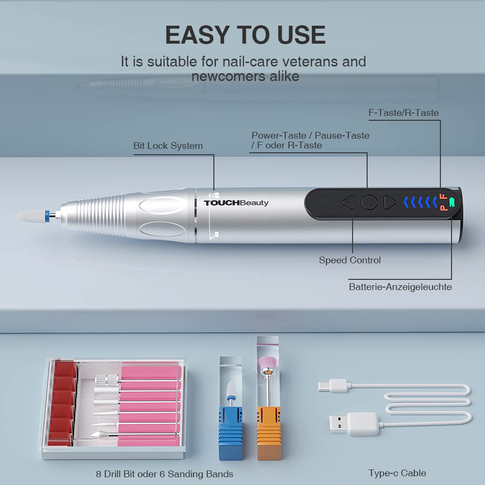 TOUCHBeauty 8 in 1 Electric Cordless Manicure Pedicure Nail Files Set, Dual Rotation Electric Manicure Drill Set, 8 Versatile Attachments,5 - Speed Motor Fast Rotation (30000 RPM) AG-2137