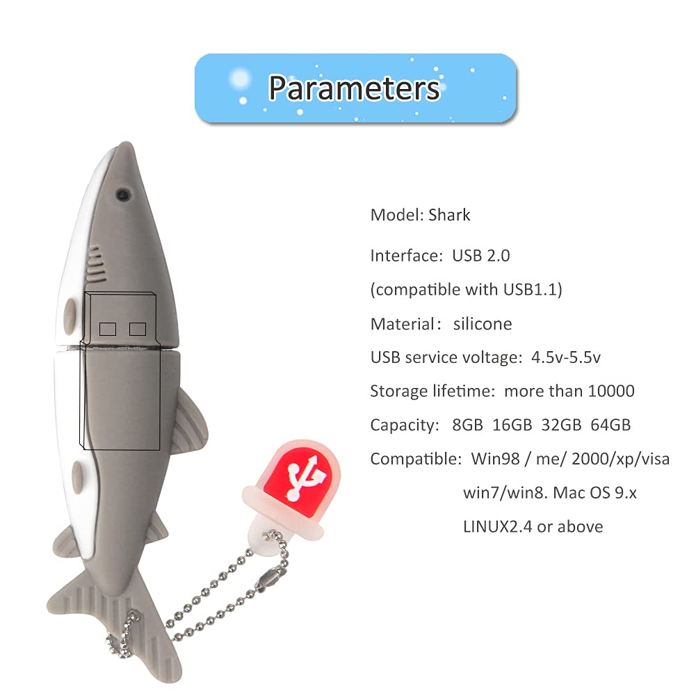 USB Flash Drives 32G, USB Pen Drive Waterproof USB Stick, Gift for Students Girls Girls（Shark，32GB） 32GB Shark