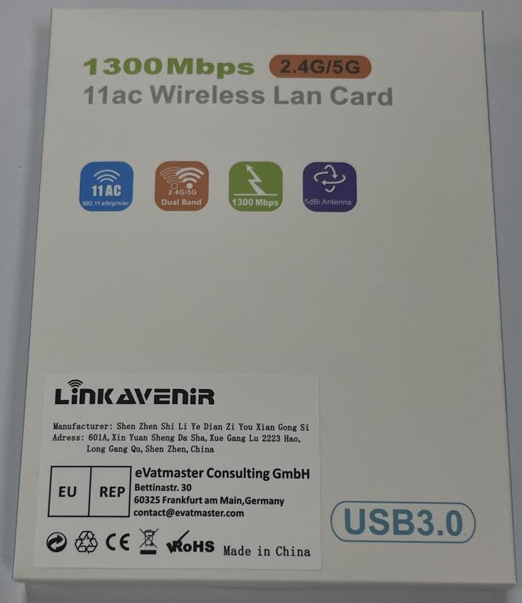 1300Mbps WiFi Dongle for PC: 5.8G/2.4G Dual Band USB WiFi Adapter for Desktop PC, USB 3.0 PC WiFi Adapter, 802.11ac WiFi USB, 2x5dBi WiFi Antennas USB WiFi Dongle for Windows XP/Vista/10/8/7/Mac