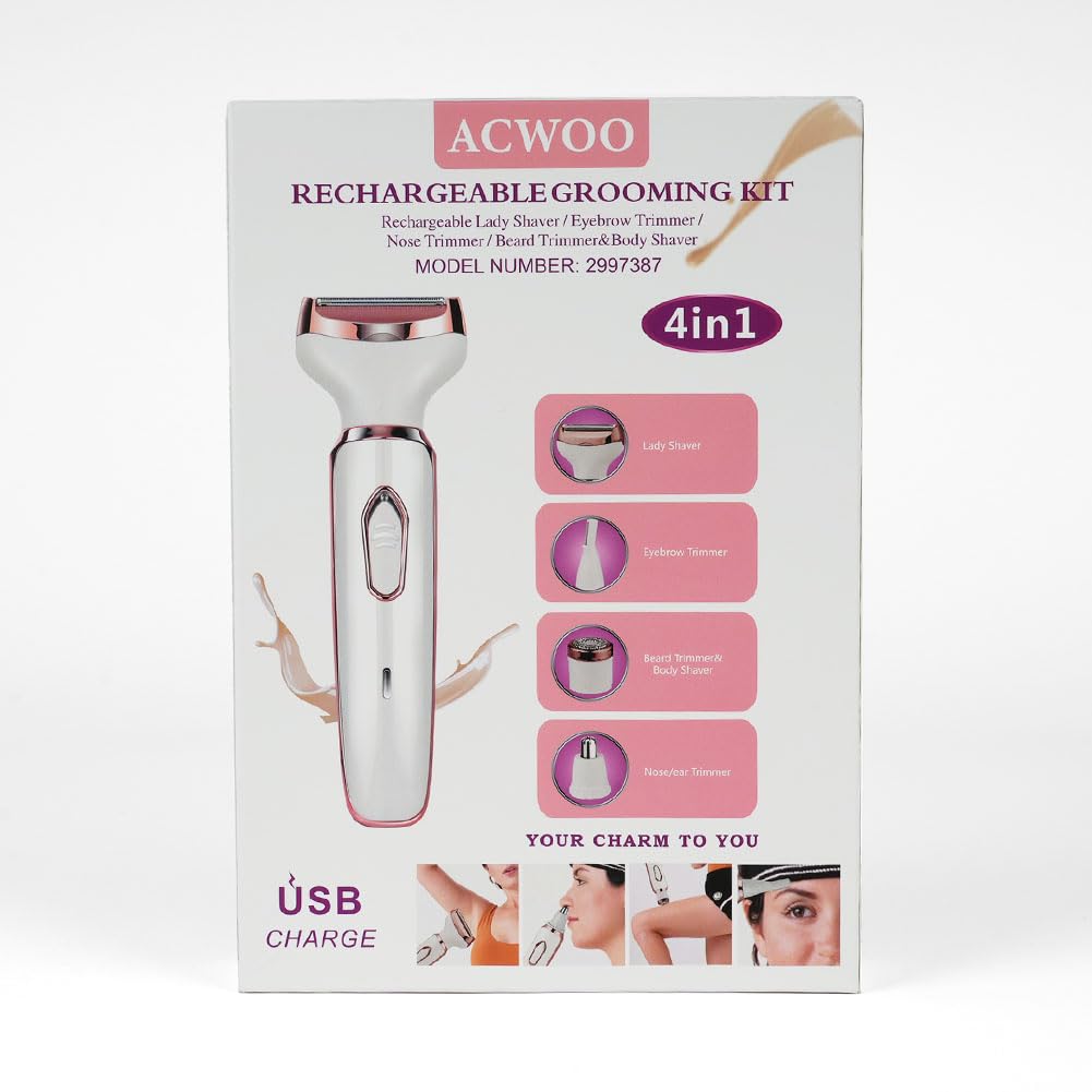 ACWOO Cordless 4 in 1 Electric Lady Shaver for Women, Rechargeable Painless Razor Bikini Trimmer Wet and Dry Hair Removal for Face Legs Underarm Nose and Eyebrow