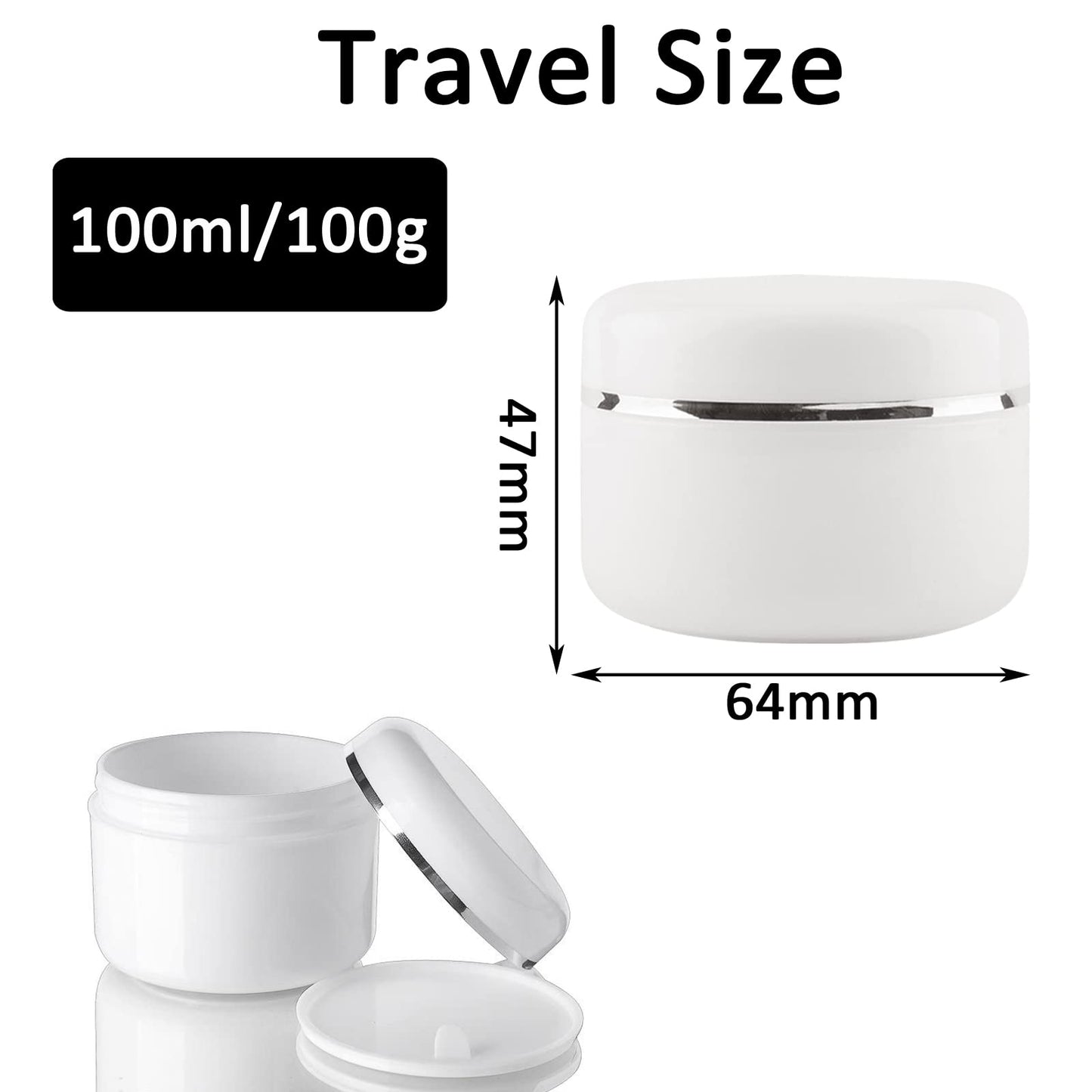 Alledomain 6Pcs 100ml/100g White Cosmetic Sample Jars with 3 Spatula & 6 Label, Plastic Refillable Travel Pot Containers with Silver Dome Lids & Inner Liners for Makeup Cream Beauty Nails 100g/100ml