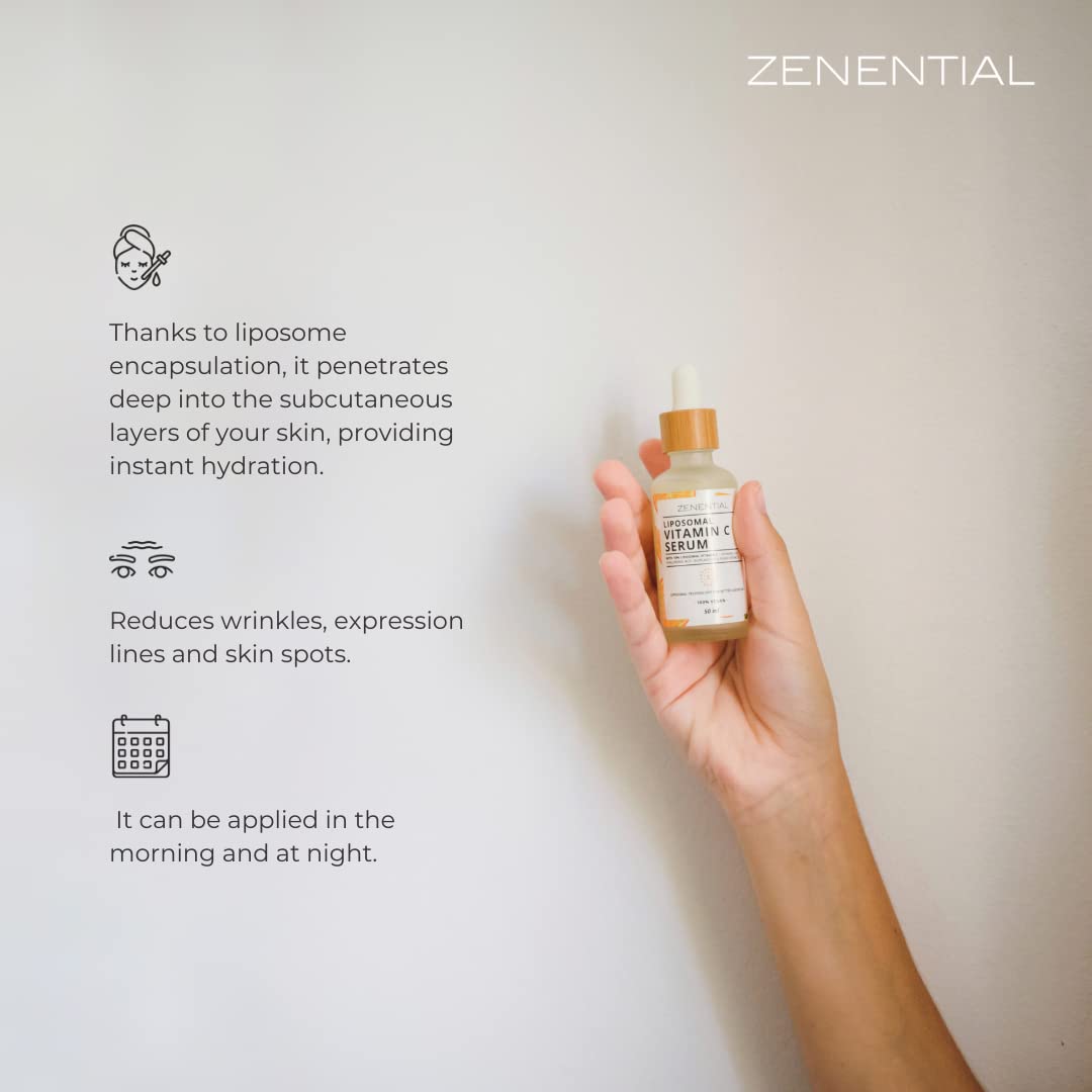 Zenential | Face Serum 10% Liposomal Vitamin C + Vitamins E and F, Hyaluronic Acid and Bioplacenta | 50ml Capsules | Anti-aging, Anti-wrinkle, Anti-spot, Moisturizing | 98.4% Natural, Vegan