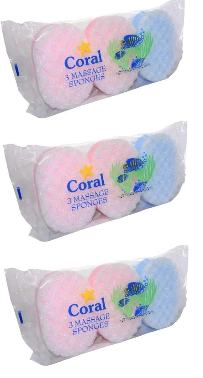 9 x Exfoliating Bath Sponge for Adults and Kids, 3 Packs of 3 Massage Sponges for Men and Women, Mixed Colours