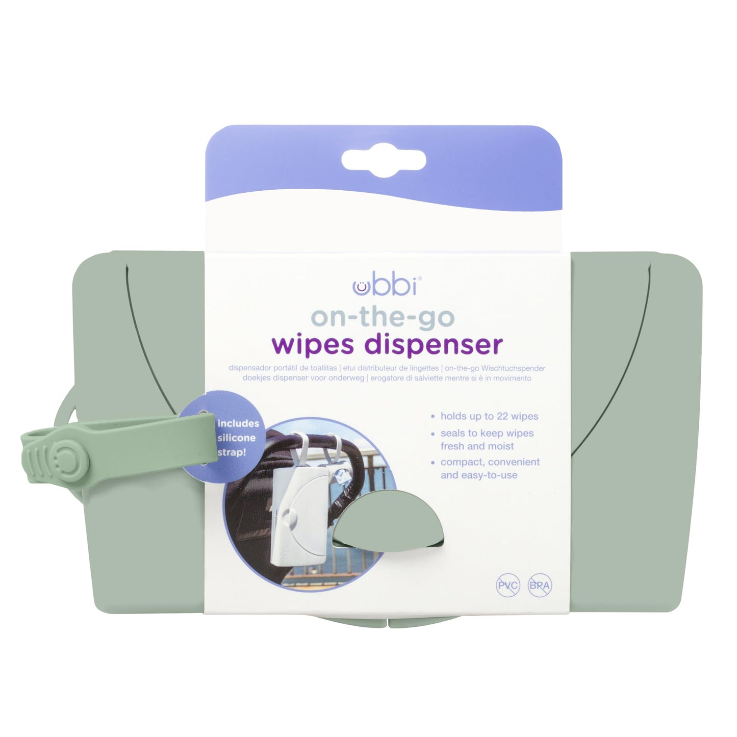 Ubbi On-the-Go Baby Wipes Dispenser, Portable Wipes Container for Travel, Nappy Bag Accessory Must Have for Newborns, Reusable Wipes Holder, Sage Green One Size