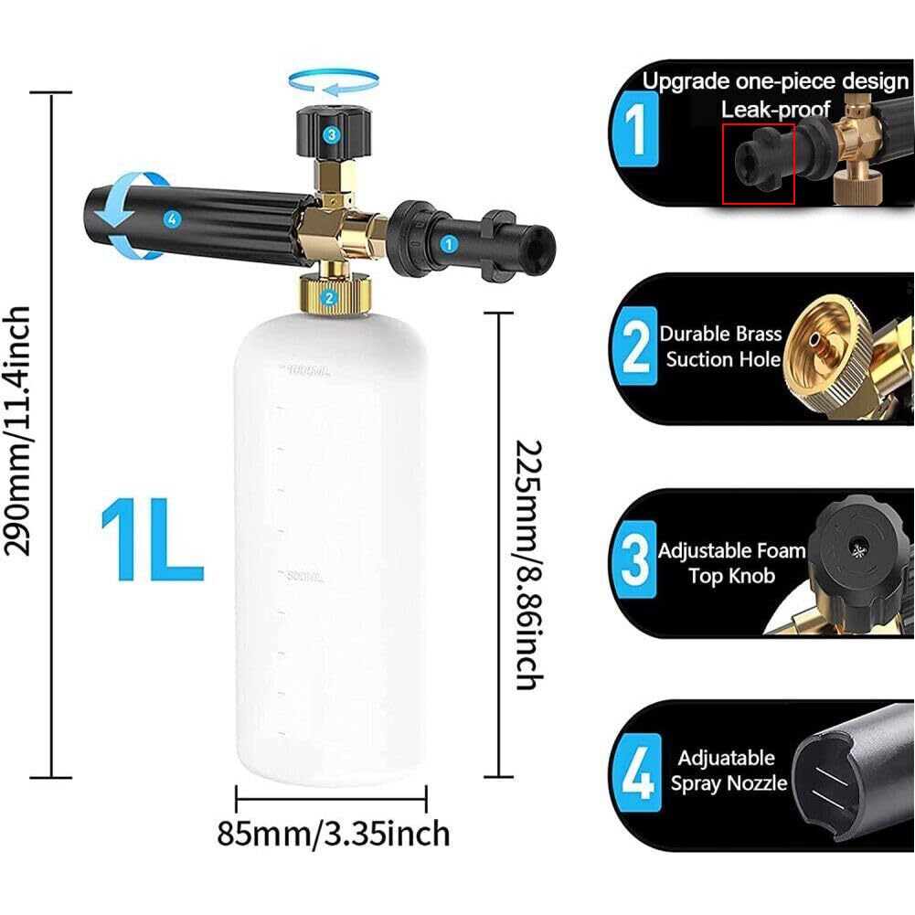 YUET Snow Foam Gun Lance for Karcher K2 K3 K4 K5 K6 K7 Kärcher Series Cannon Pressure Washer 1 L Jet Bottle Adjustable Soap Generator Pot Dispenser Foamer Hose with Connector Sprayer Nozzle (Plastic) Plastic